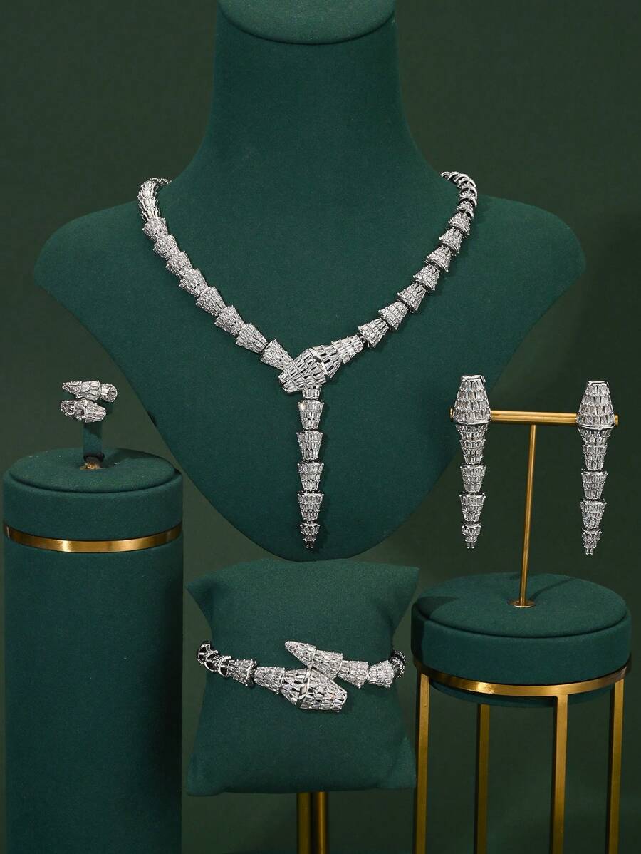 5pcs/Set Women's Fashion Jewelry Snake Shape Necklace Set. Copper Cubic Zirconia Sparkling Necklace, Earrings, Ring, Bracelet, 4-Piece Jewelry Set. Middle East Europe And American Bride Evening Party Wear. Mother's/Girlfriend's/Teacher's Luxury Gift For Eid