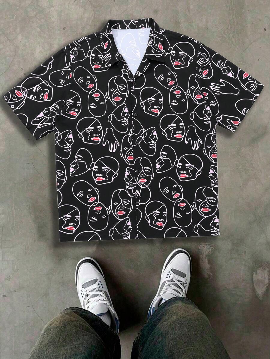 Camisa de estampado completo de manga corta con cuello de solapa para hombres, para uso diario casual y elegante. Se puede usar como regalo para novios y amigos