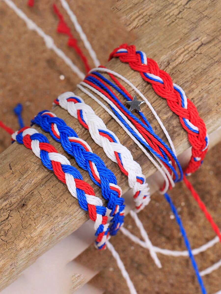 Set de 5 pulseras de cordón encerado impermeable, pulseras de amistad hechas a mano trenzadas con estrella de cinco puntas, para el Día de la Independencia y la playa