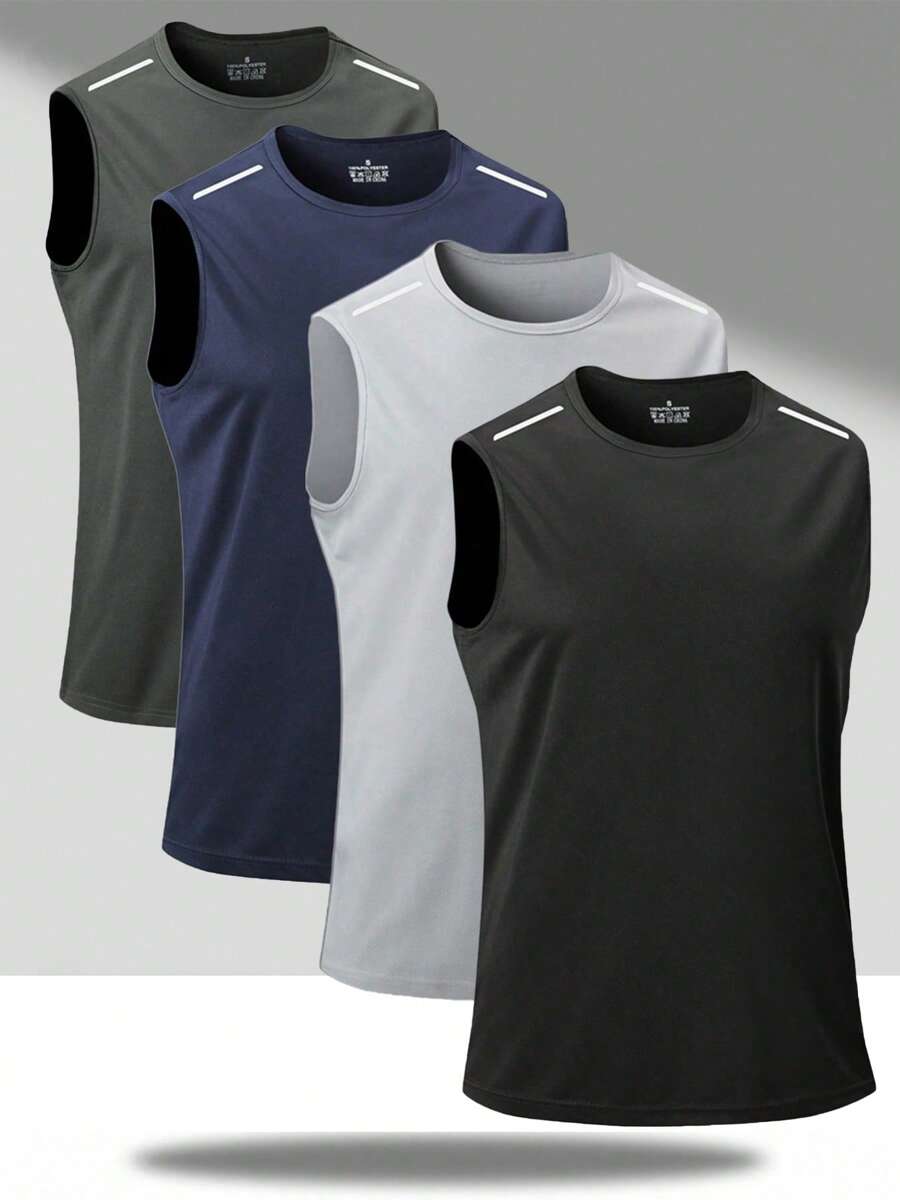 4pcs Pack Men's Quick Dry Fitness Tank Tops, Multicolor Assorted, With Reflective Strips For Outdoor Sports & Night Running Safety