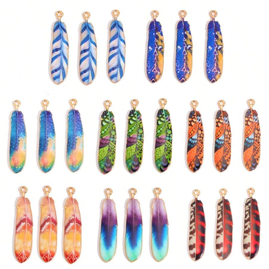 8pcs Mixed Bohemian Style Feather & Dye-Print Metal Small Pendants For Women's Bracelet, Earring, Necklace, Dream Catcher, Keychain
