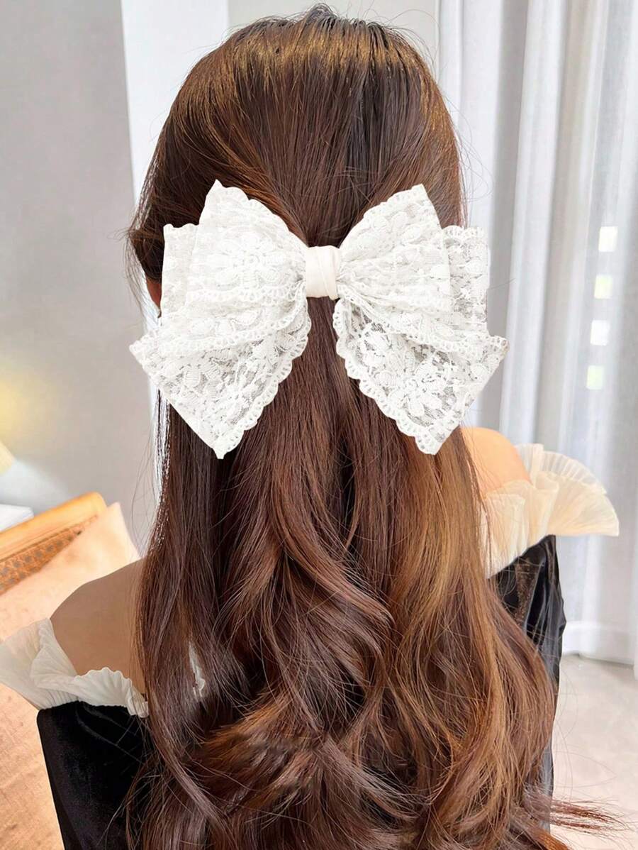 1 pièce pince à cheveux en dentelle blanche à 3 couches pour femme, jolie et élégante, avec un long ruban en polyester