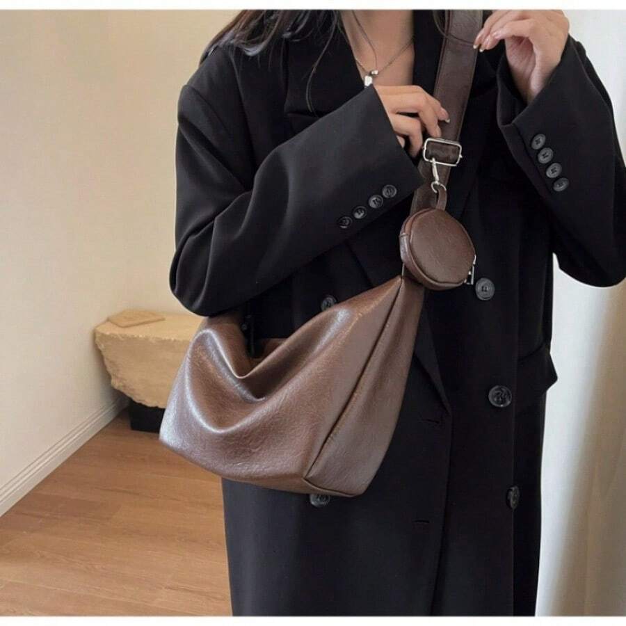 2025 Retro Solid Color Splicing Leather Shoulder Bag Women Korean Fashion Lady Dumpling Crossbody Bag Handbags And Purses