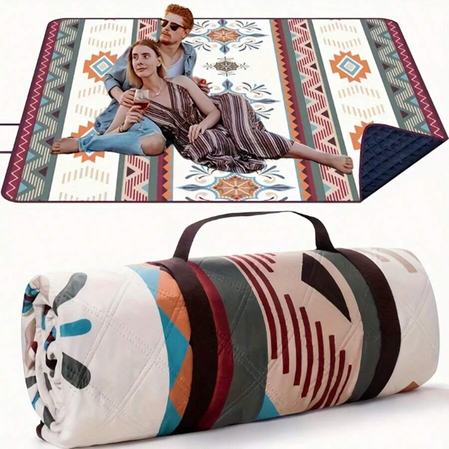 Portable Outdoor Picnic Blanket - Lightweight Polyester Beach Mat With Fashionable Geometric Design, Suitable For Camping, BBQ, Hiking And Travel, Camping Accessories
