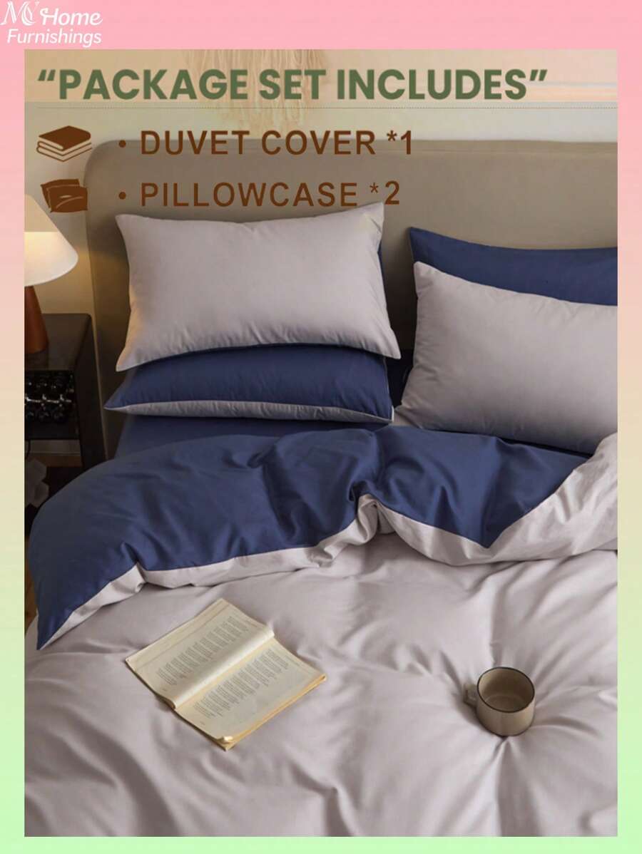 3-teiliges Set hellgrau & dunkelblau Superweiches Bettwäsche-Set für Studentenwohnheim Bett, hautfreundlich atmungsaktiv Bettbezug & Kissenbezüge, waschbar ohne Füllung