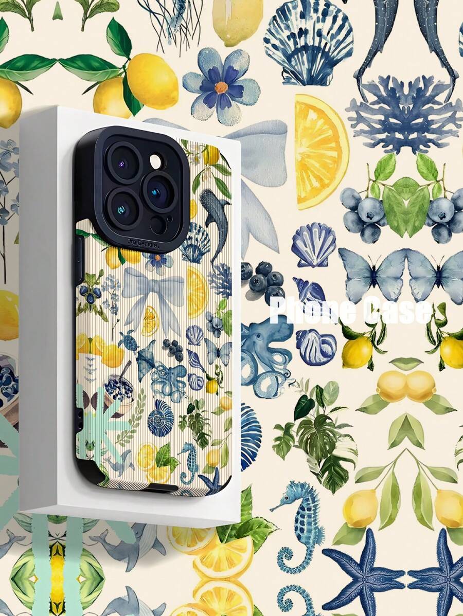 1 pieza Funda de teléfono clásica anti-caída con patrón floral vintage de limón y océano, compatible con Apple y 16/16PLUS/18PRO/21PROMAX