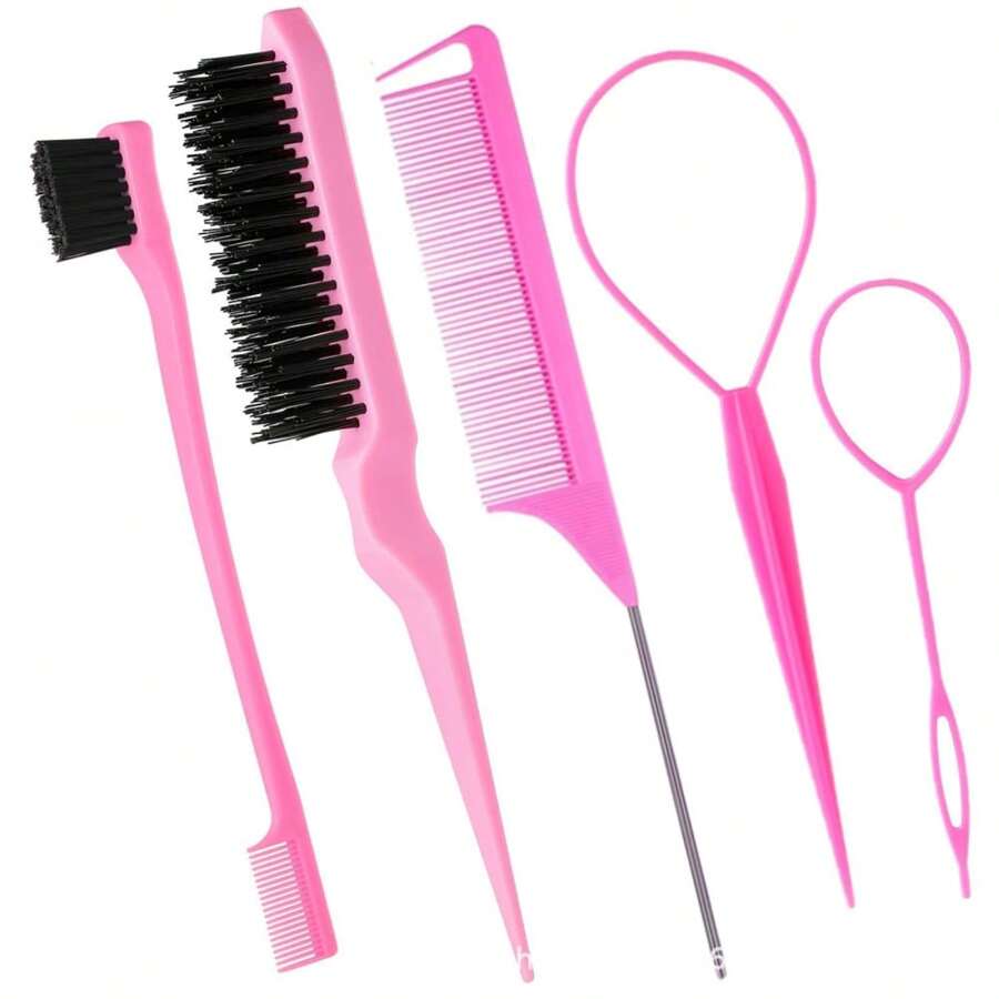 5Pcs Pink Hair Brushes & Tools Set: Topsy Tail, Edge, Bristle Brush, Rat Tail Comb, Slick Back Brush For Women & Girls' Hair Styling