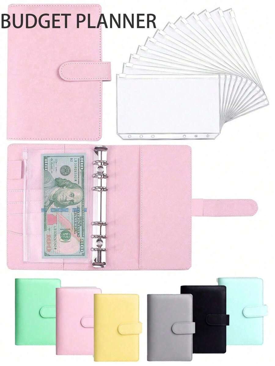 1pc A6 Faux Leather Budget Planner Set With 12 Zipper Bags - Cash/Card Organizer For Daily Office Use