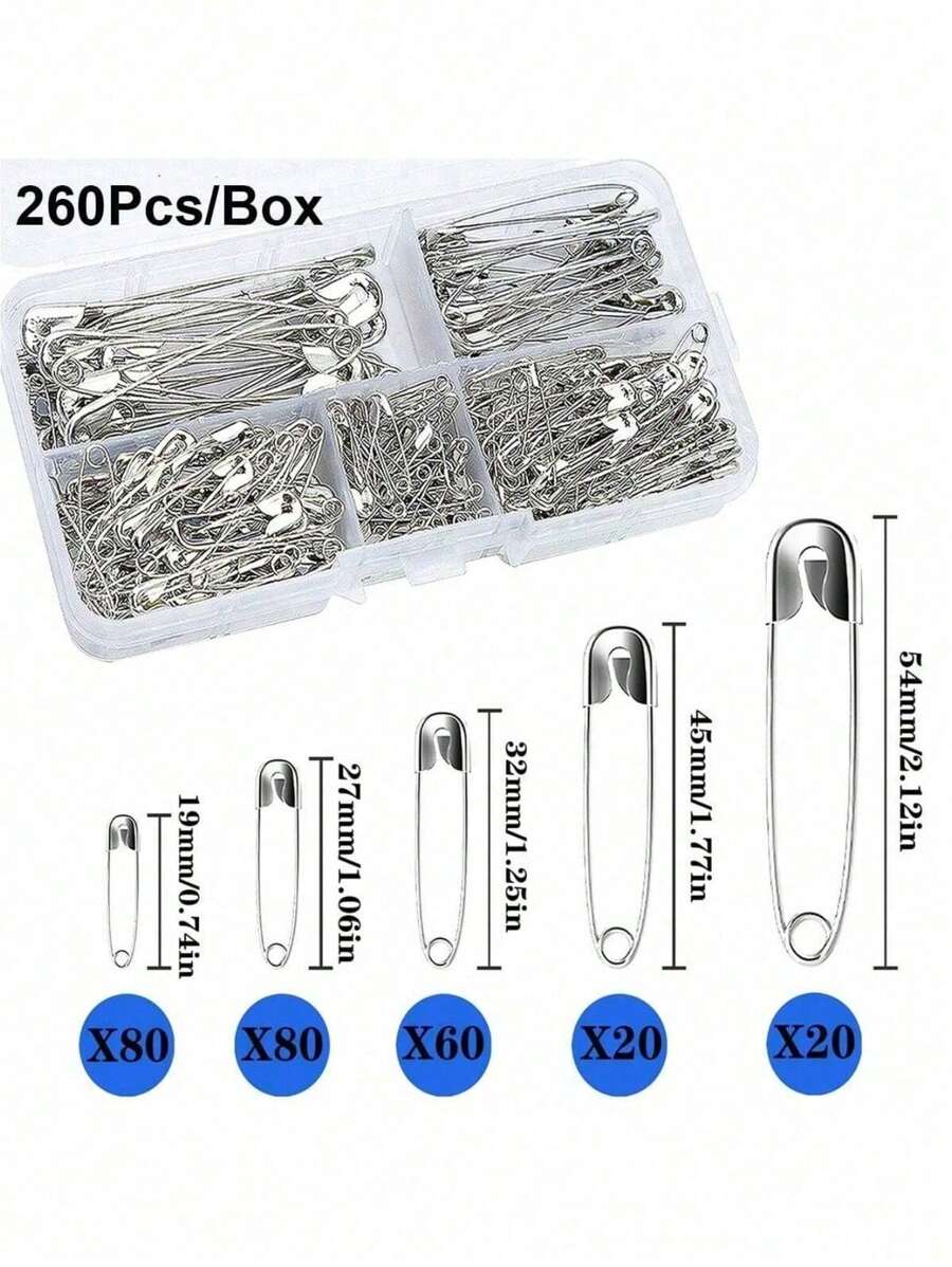 260Pcs Safety Pins Assorted Size , Nickel Plated Steel Safety Pin, Large Safety Pins And Small Safety Pins For Clothes, Crafts, Pinning, Sewing