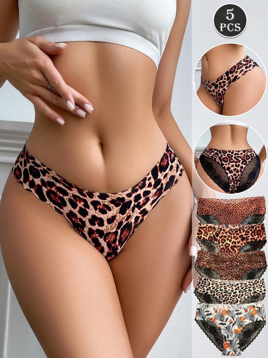 5 piezas de bragas para mujer con estampado de leopardo y encaje, ropa interior cómoda, transpirable y de ajuste ceñido, adecuada para todas las estaciones y uso diario