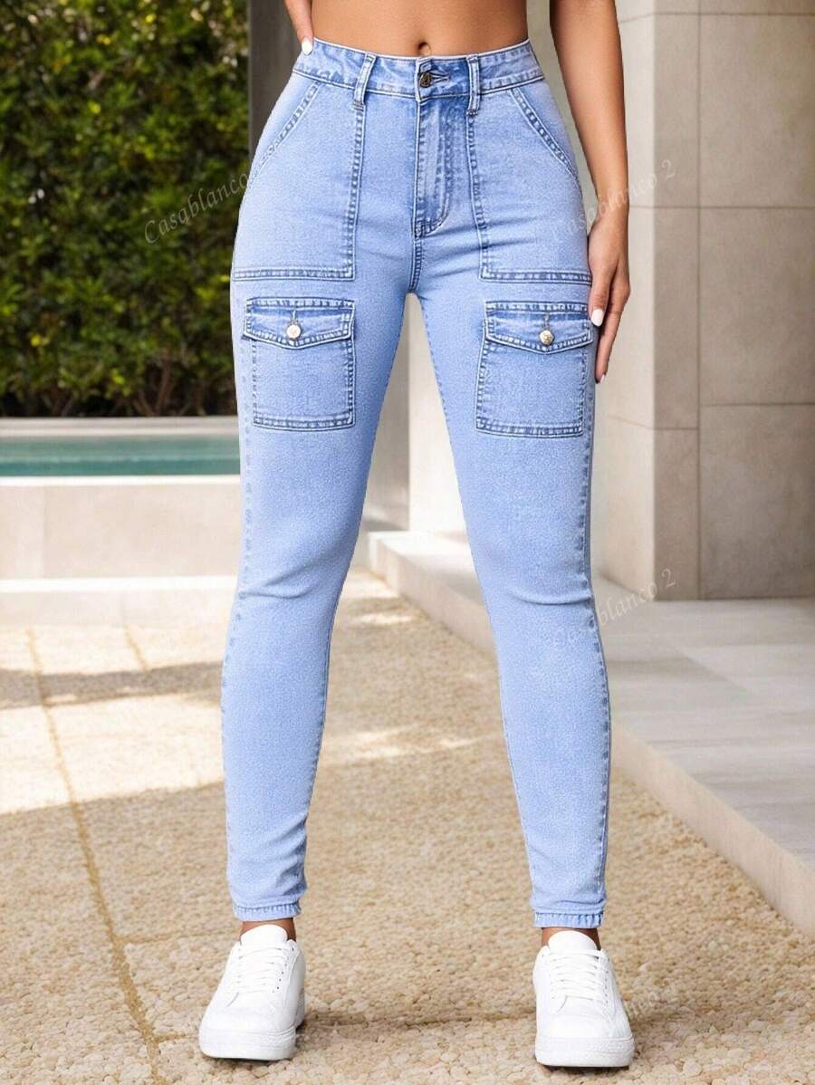 Jeans sexys con lavado claro y bolsillo con solapa para mujer, Pantalones vaqueros ajustados elásticos
