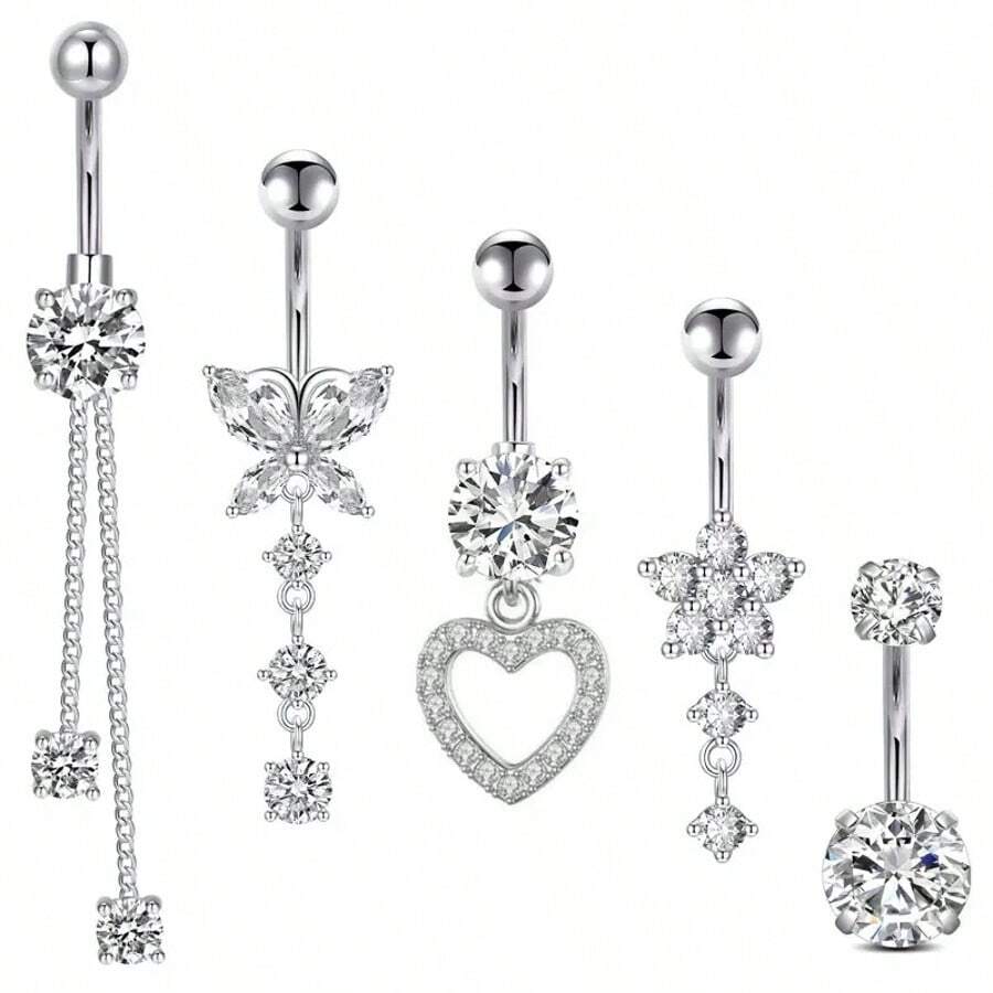 Juego de 5 piezas de piercing de ombligo de acero inoxidable chapado en oro blanco/baño de cobre de 18k, con incrustaciones de circonita cúbica brillante en formas de mariposa, corazón y flor para uso diario de las mujeres