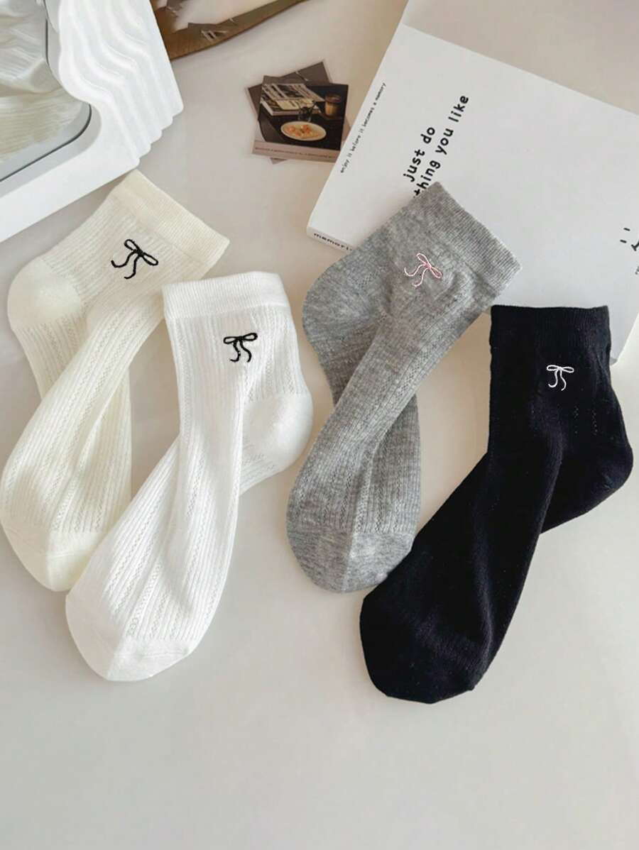 4 pares de calcetines finos de verano, diseño con lazo y con efecto calado en los tobillos, en combinación de colores negro/blanco/gris, adecuados para uso al aire libre, combinar atuendos, verano y viajes