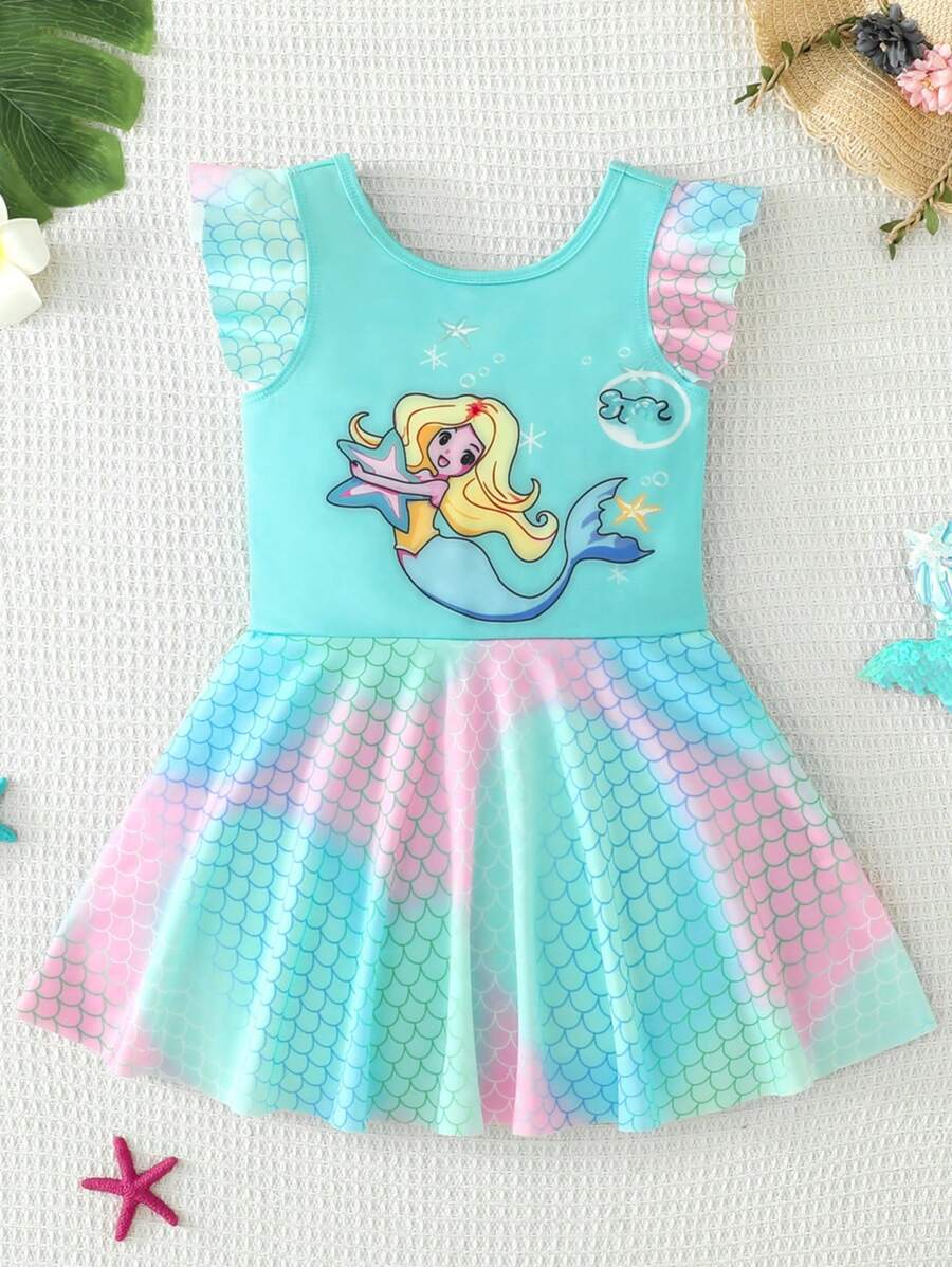 Girls Mermaid Digital Printing Short Sleeve One-Piece Swimsuit, Summer