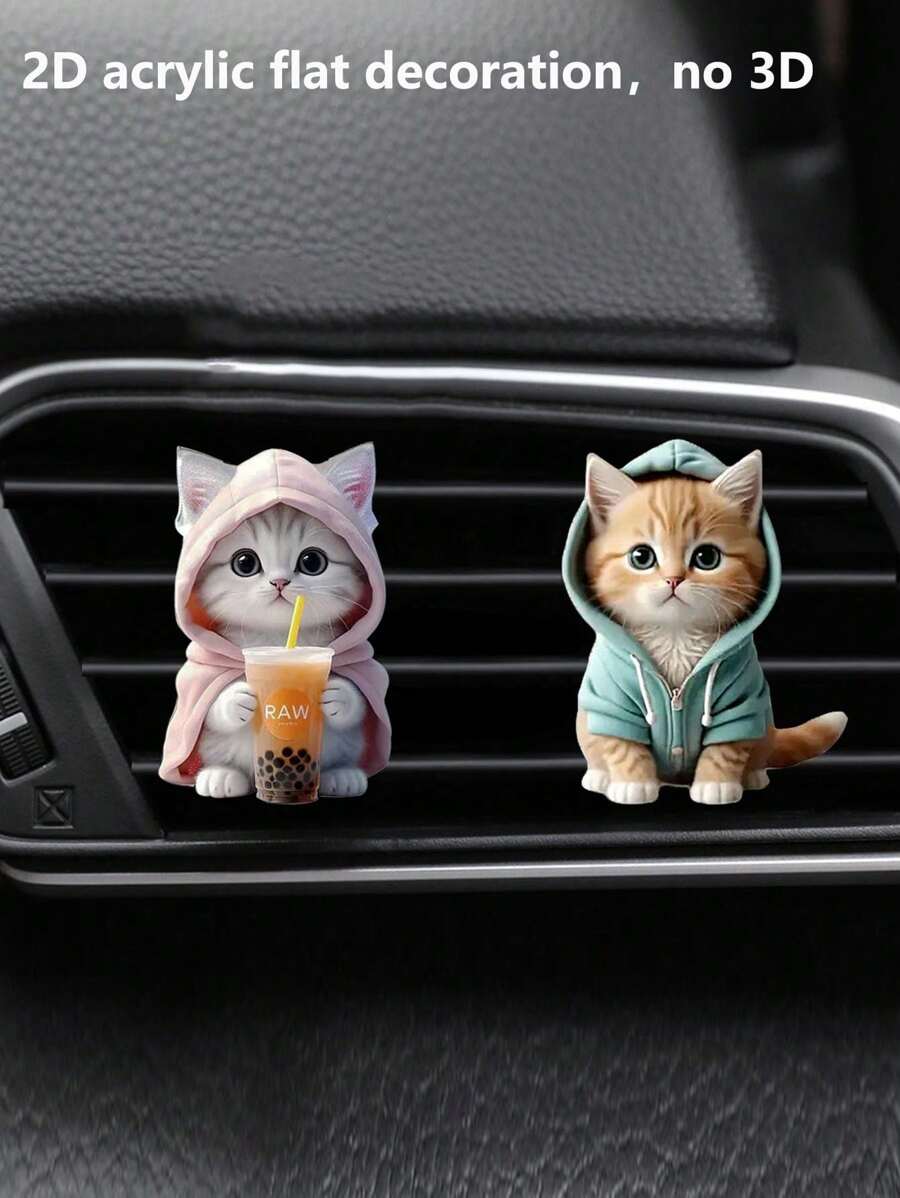 2 buc cleme de parfum acrilice 2D în formă de pisică drăguță pentru orificiul de ventilație al mașinii, difuzor auto, decor, reîmprospătator