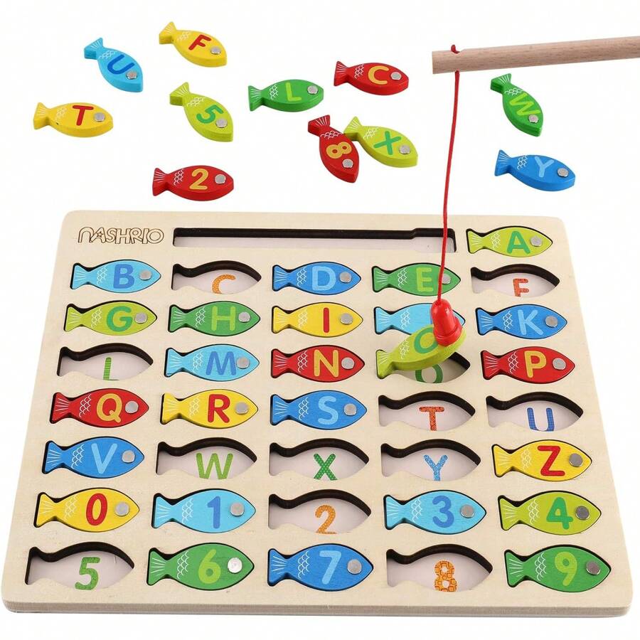 Magnetic Wooden Fishing Game For Toddlers, Fish Catching Counting Games Puzzle With Numbers And Letters, Preschool Learning ABC Math Educational Toys 3 4 5 Years Old Girl Boy Kids