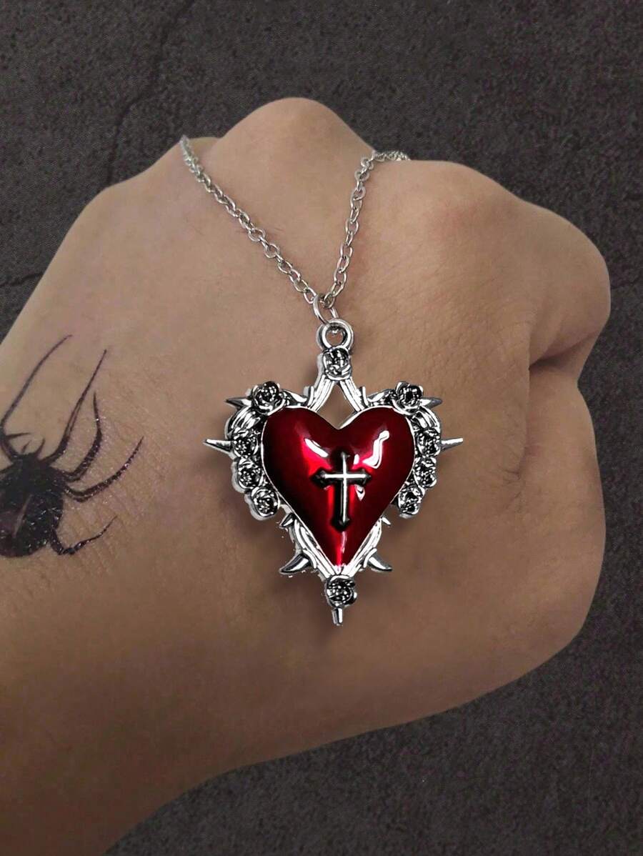 Vintage Gothic Y2K Subkultur rotes Herz und Dorn Anhänger Halskette, unisex