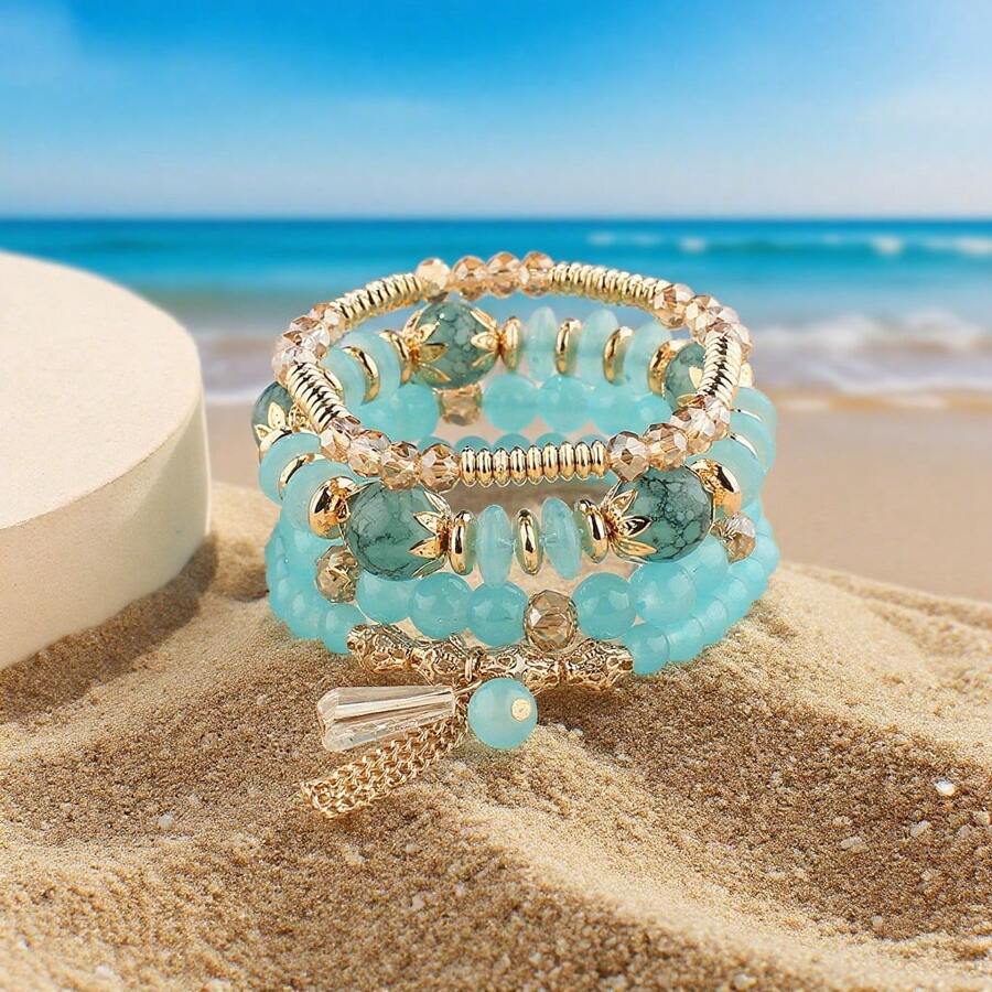 4pcs/Set Women's Assorted Bohemian Multilayer Bracelet With Imitation Crystal & Beaded Heart Charms, Versatile Fashion Jewelry Accessories For Summer