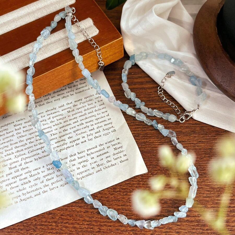 Natural Asymmetrical Aqua Blue Crystal Bracelet And Necklace Set, Suitable For Women's Daily Wear