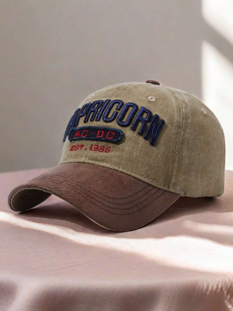 1 Stück unisex vintage gewaschene Baseballkappe mit gesticktem "CAPRICORN AC - DC EST.1985" Logo, zweifarbiges Farbblockdesign, verstellbare Passform für Männer & Frauen, Retro Streetwear Hut für Outdoor-Aktivitäten, lässigen Alltag und Musikfestival-Looks