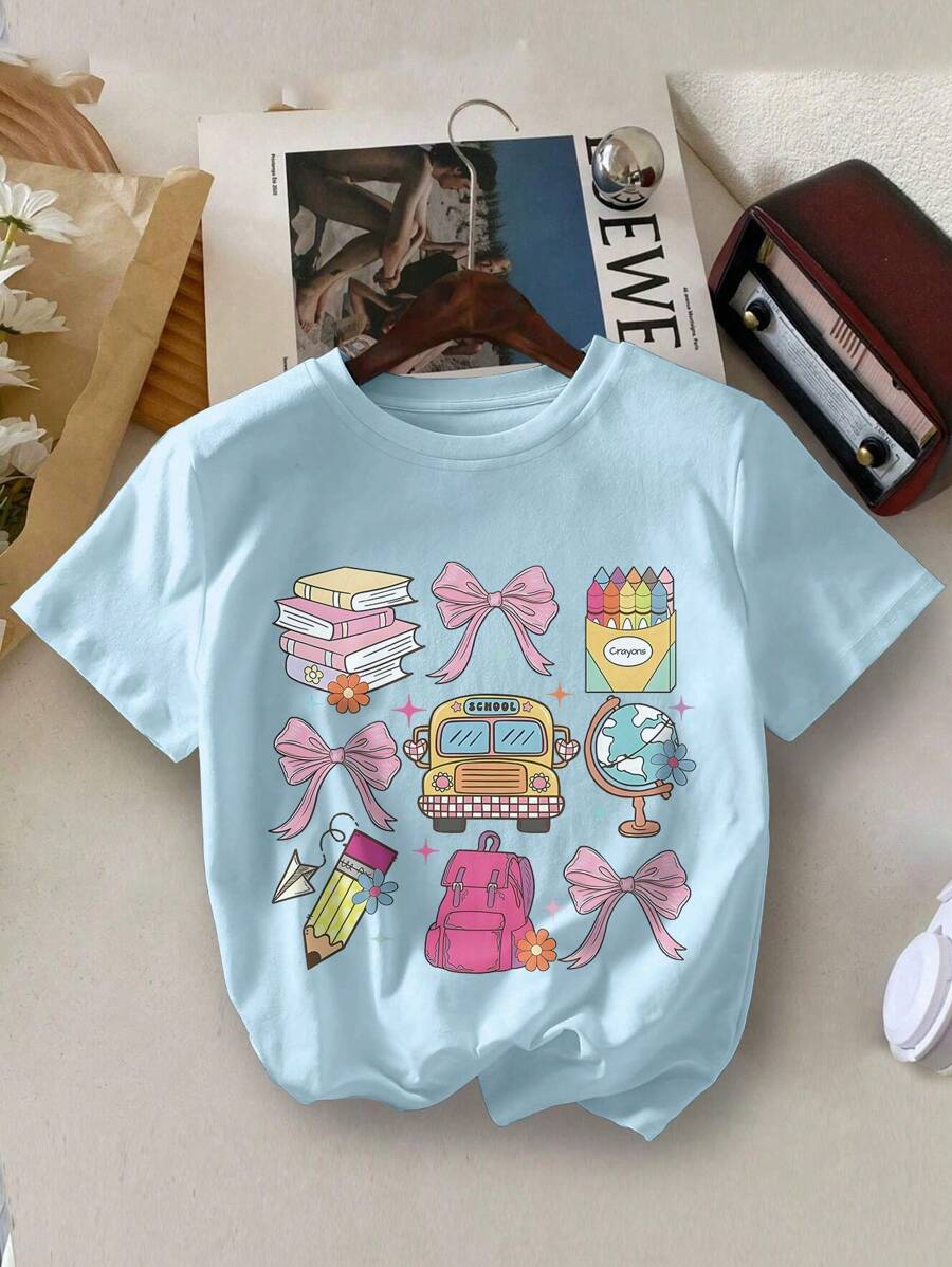 Camiseta de manga corta con cuello redondo y estampado de dibujos animados y lacito para niñas, informal para primavera y verano