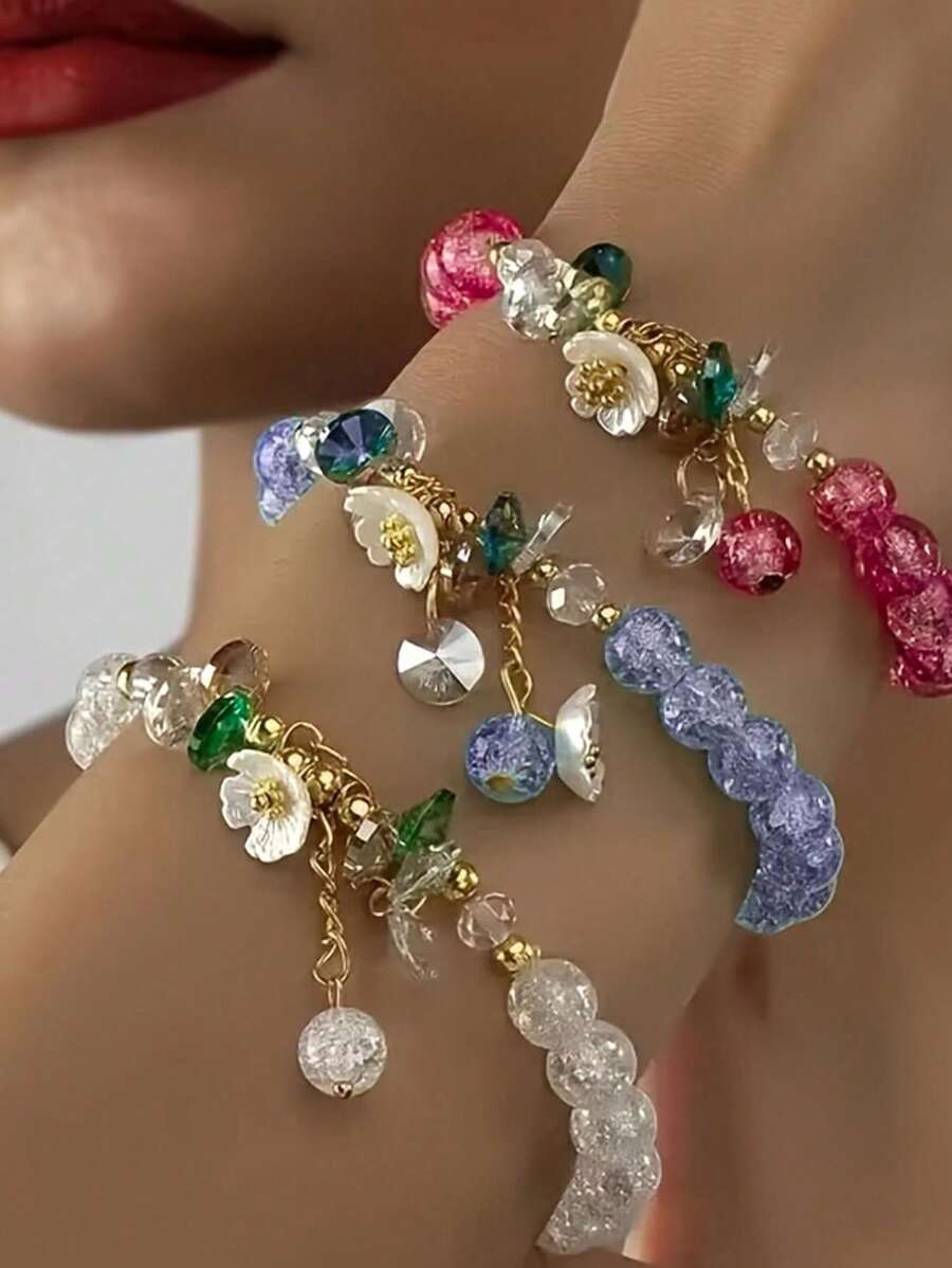 3 PiecesBoho Floral Beaded Bracelet Set: 5 - Color Crackle Glass Beads With Camellia Flower Charms, Gold - Tone Accents, Perfect For Summer Stacking, Festival Jewelry & Bohemian Style Lovers