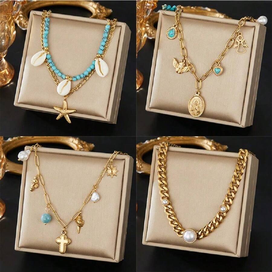 1 Pc Vintage Oval Portrait Pendant Necklace Chain, Versatile Turquoise Water Drop Faux Pearl Angel Clavicle Chain Jewelry