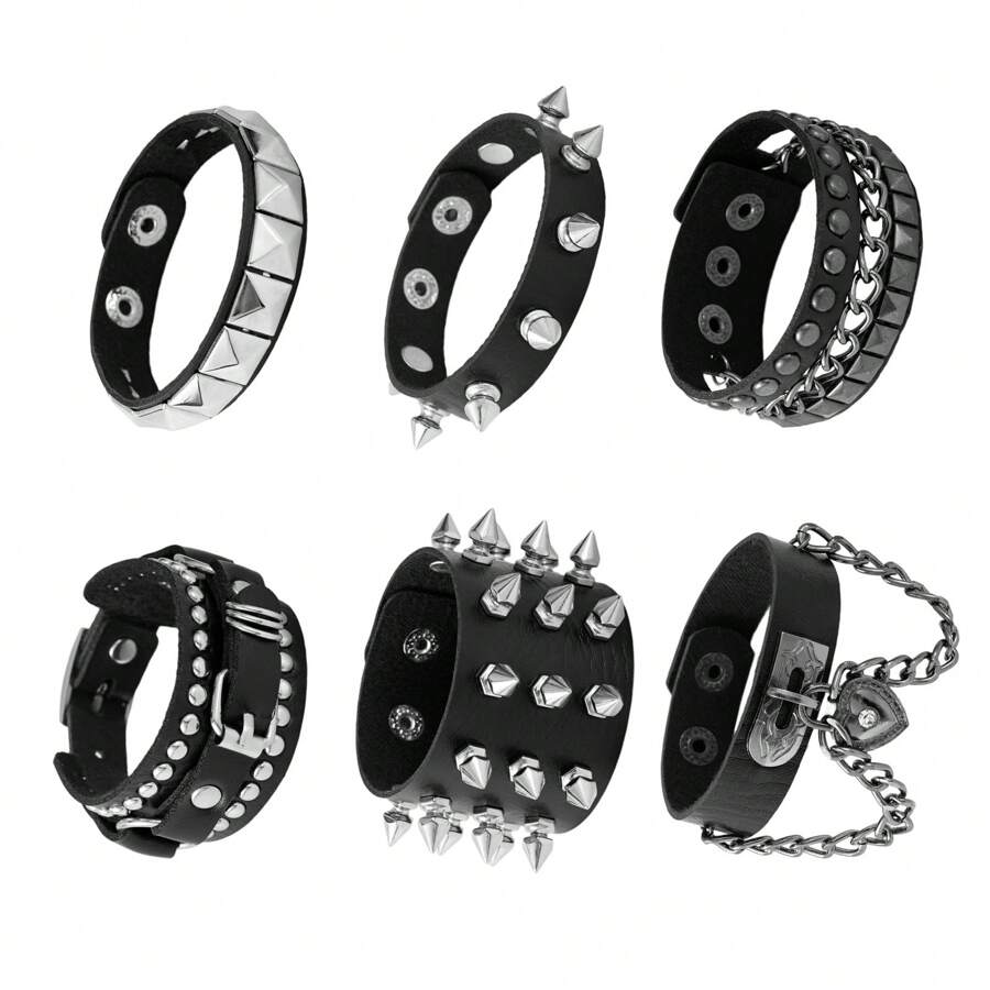 Brazalete de remaches negro multicapa, colgante con forma de corazón, brazalete de cadena con tachuelas, pulsera deportiva punk rock ajustable