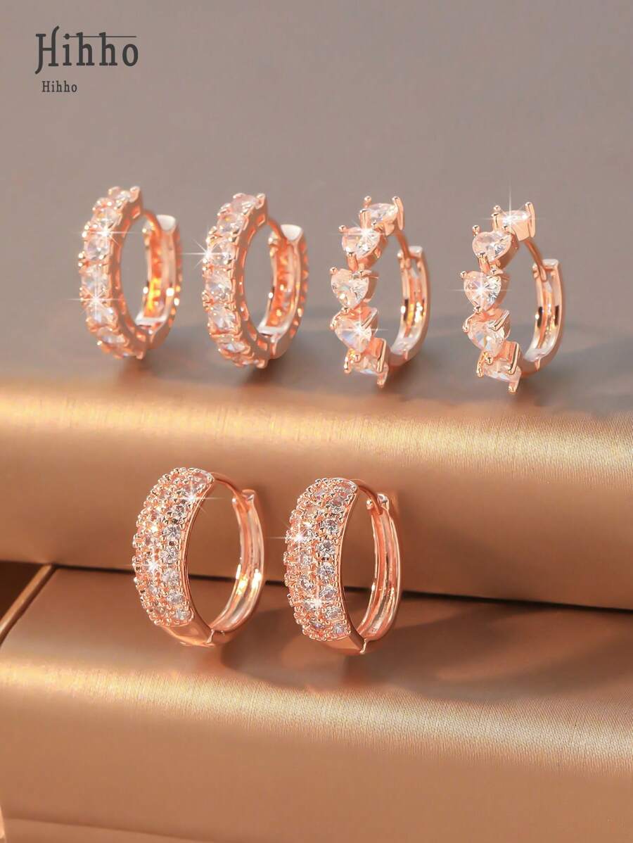 Hihho 6Pcs/Set Luxury Sparkling Zirconia Embedded Heart Shaped Earring Set With Classic 3-Row Zirconia Hoop Earrings, Women Fashion Jewelry Suitable For Daily Stacking, Festival Parties, Valentine's Day Gift