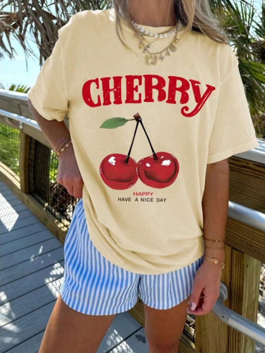 T-shirts graphiques avec imprimé cerise pour adolescentes, hauts d'été pour adolescentes, chemises col rond