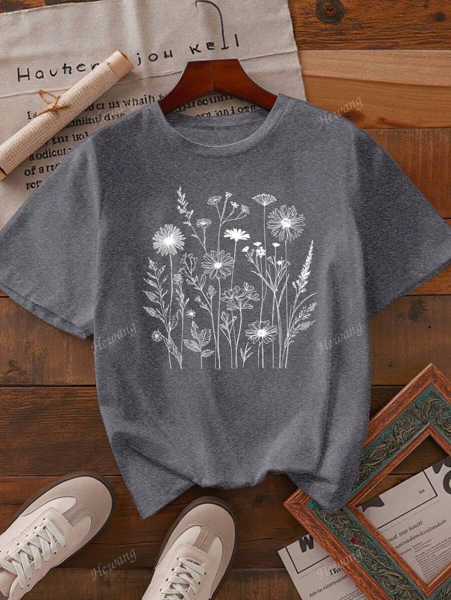 Camiseta de mujer de fibra programada, estampado de girasol, cuello casual, manga corta, con un toque de estiramiento, tela de punto, estilo regular