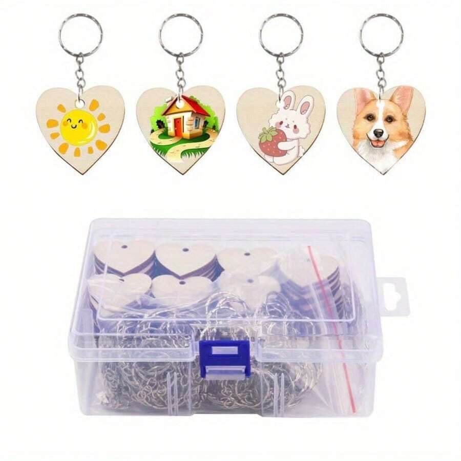 300 Stücke/100 Sets bunte Muster, inspirierende Phrase, herzförmige hölzerne Schlüsselanhänger zum selbst gestalten, Geschenk für Feiertage, Kleidung oder Taschendekoration