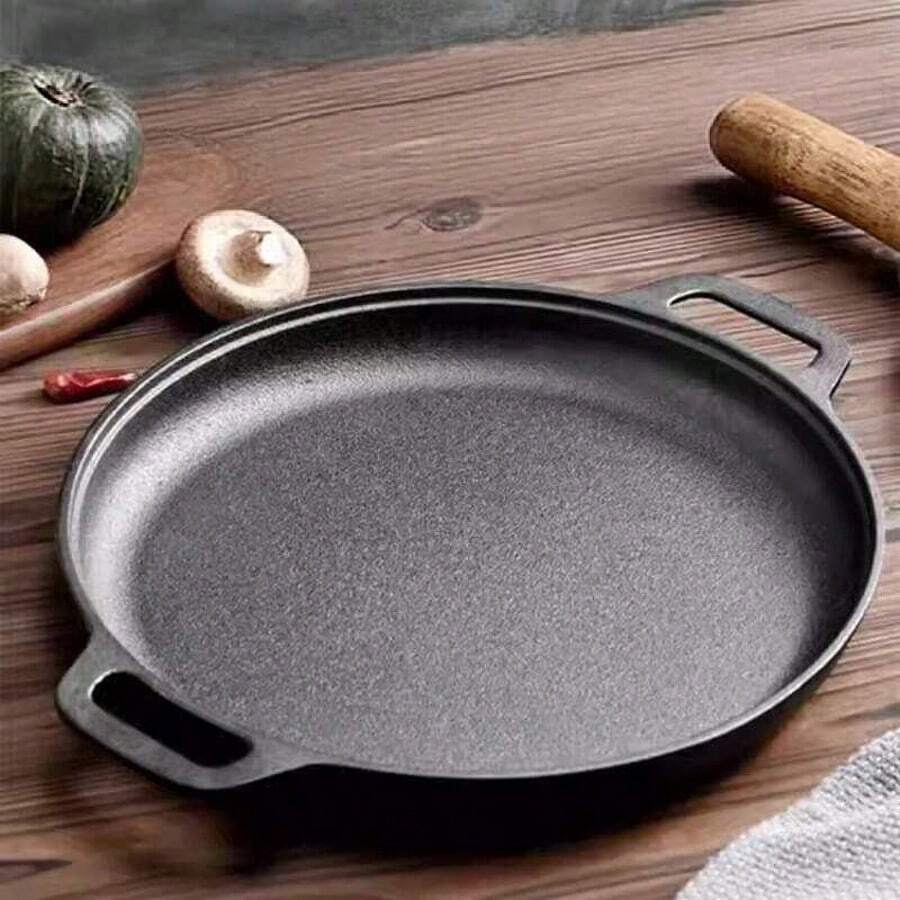 1 pieza Sartén multifuncional gruesa de hierro fundido - Antiadherente para pizza, carne a la parrilla, panqueques, apto para reuniones, barbacoas al aire libre, compatible con todas las cocinas, ideal para la cocina del hogar y la cocina al aire libre