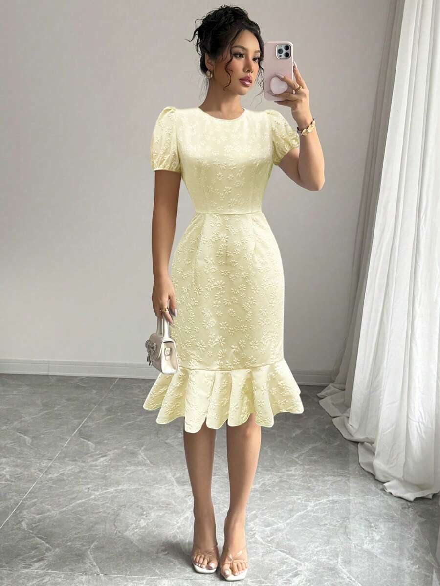 Abito elegante da donna con stampa floreale e tessuto lavorato, adatto per serate, matrimoni, ufficio, casual, stagione estiva