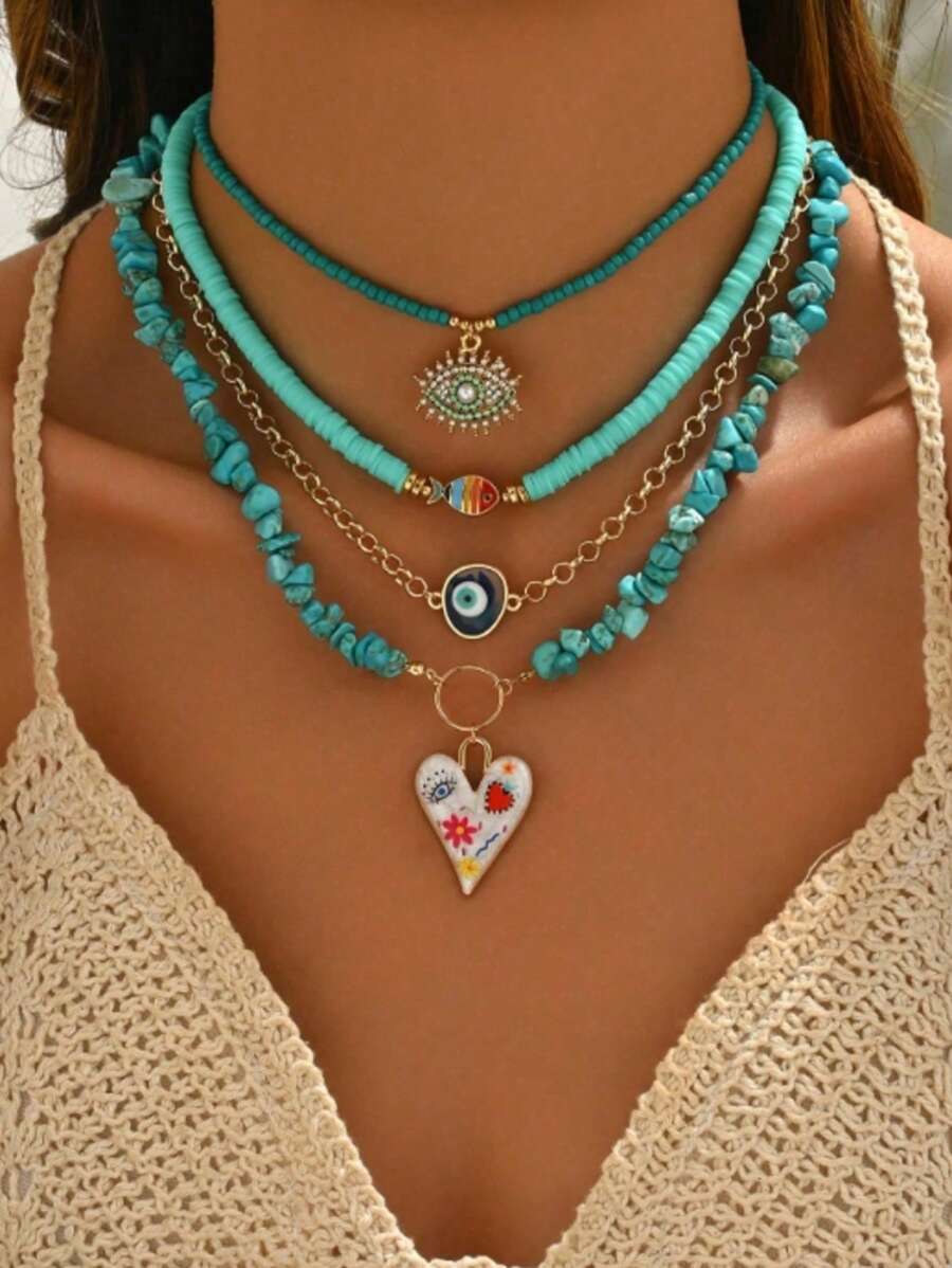 1 Set New Turquoise Polymer Clay Beaded Necklace, Fashionable Seed Bead & Eye Pendant Choker Necklace