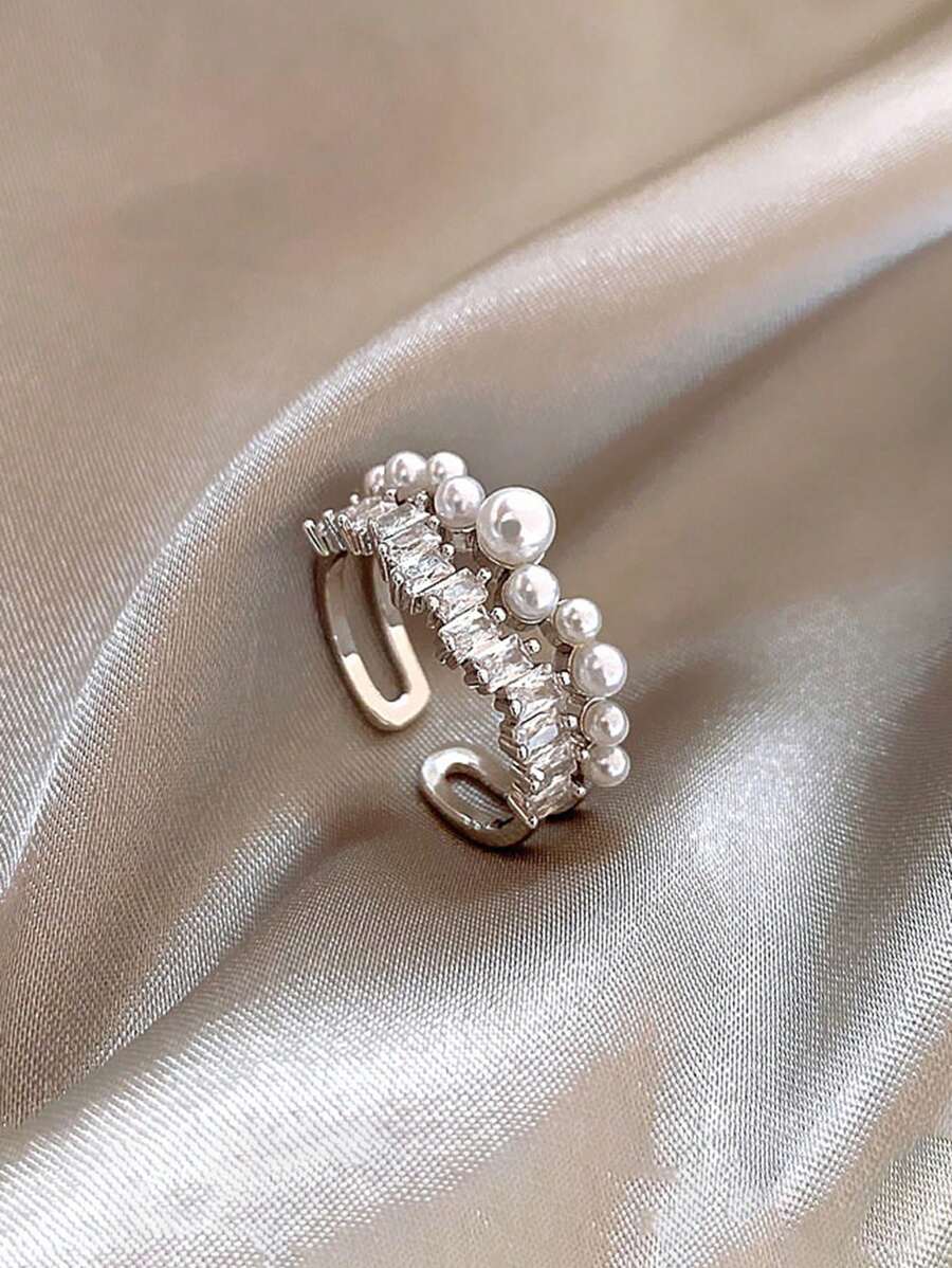 1pc Copper Minimalist Style Double Layer Open Pearl Ring, Elegant & Graceful Design For Women