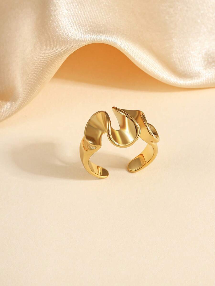 1pc Stainless Steel Simple Minimalist Golden Open Ring, Wavy Design, Suitable For General Public Daily Wear Or Gift