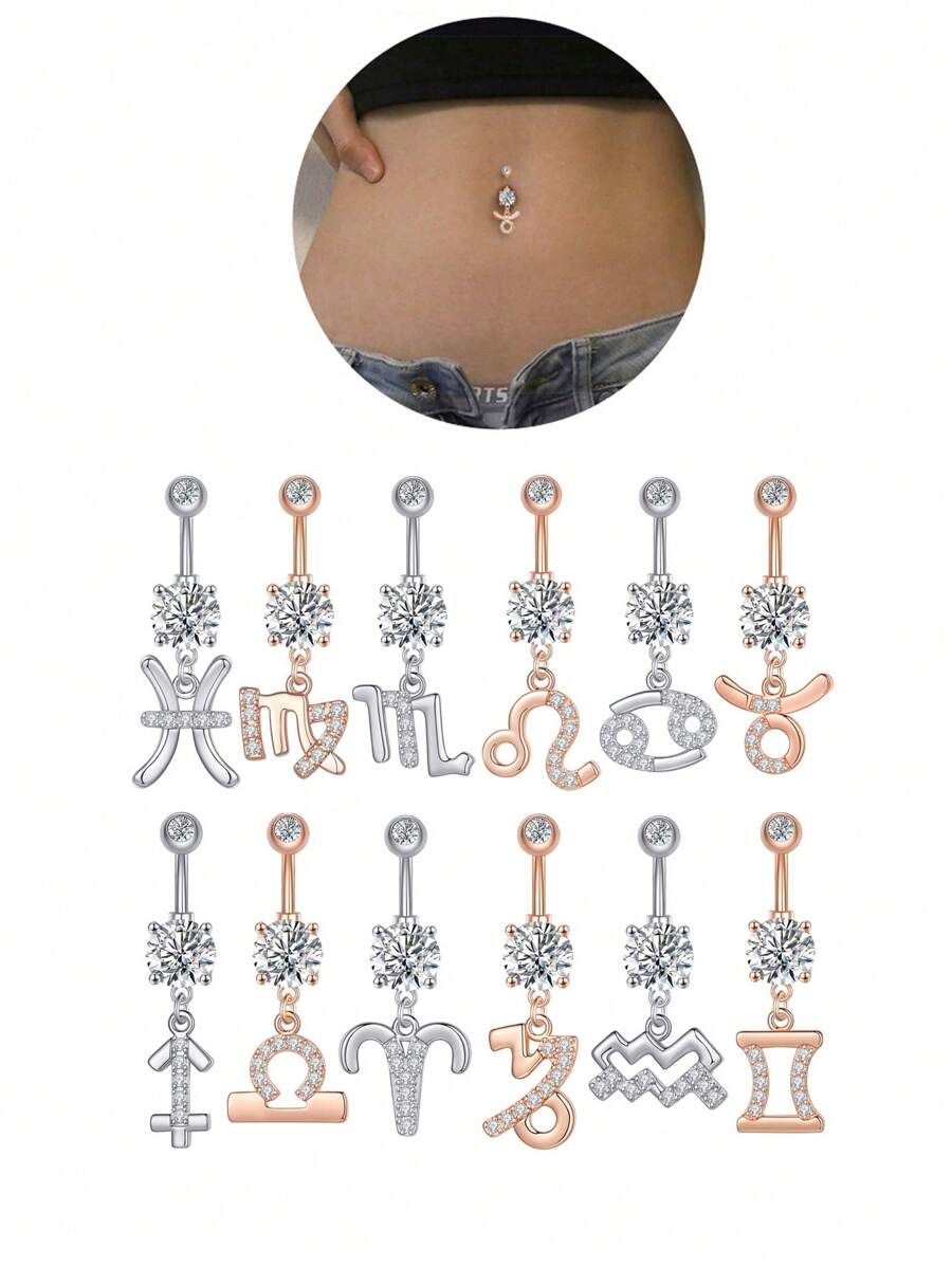1 bucată culoare argintie culoare auriu-roz douăsprezece constelații zirconia sexy lung inel pentru buric piercing din oțel chirurgical femei inel pentru buric