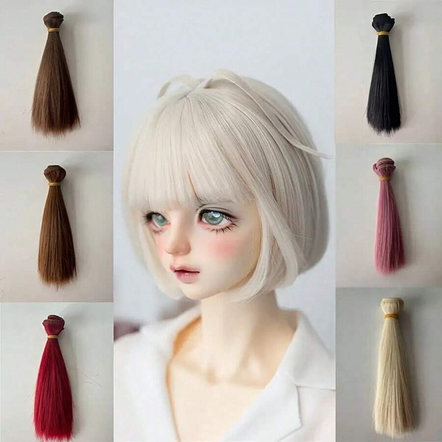 1pc Solid Color Straight Doll Wig, High Temperature Fiber DIY BJD Style Wig, Short Hair Wig, Black/Multiple Colors, Horizontal Length 1m, Vertical Length 15cm