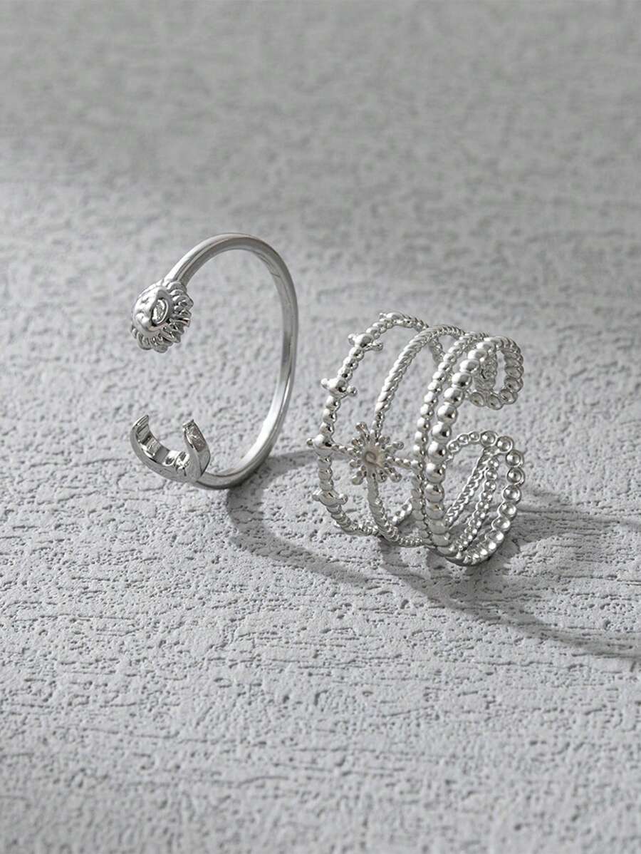 2pcs Fashionable Simple Charm Stainless Steel Sun And Moon Shaped Ring For Men, Woman,Couples, Daily Wear And Parties For Father Mother Dad Husband Boyfriend Father's Day Birthday Gift Festivals Jewelry