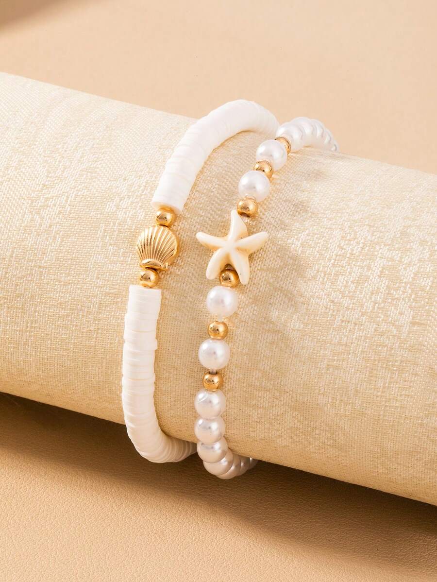 Conjunto de 2 tornozeleiras clássicas com miçangas e estrela do mar, adequadas para uso em praia/resort