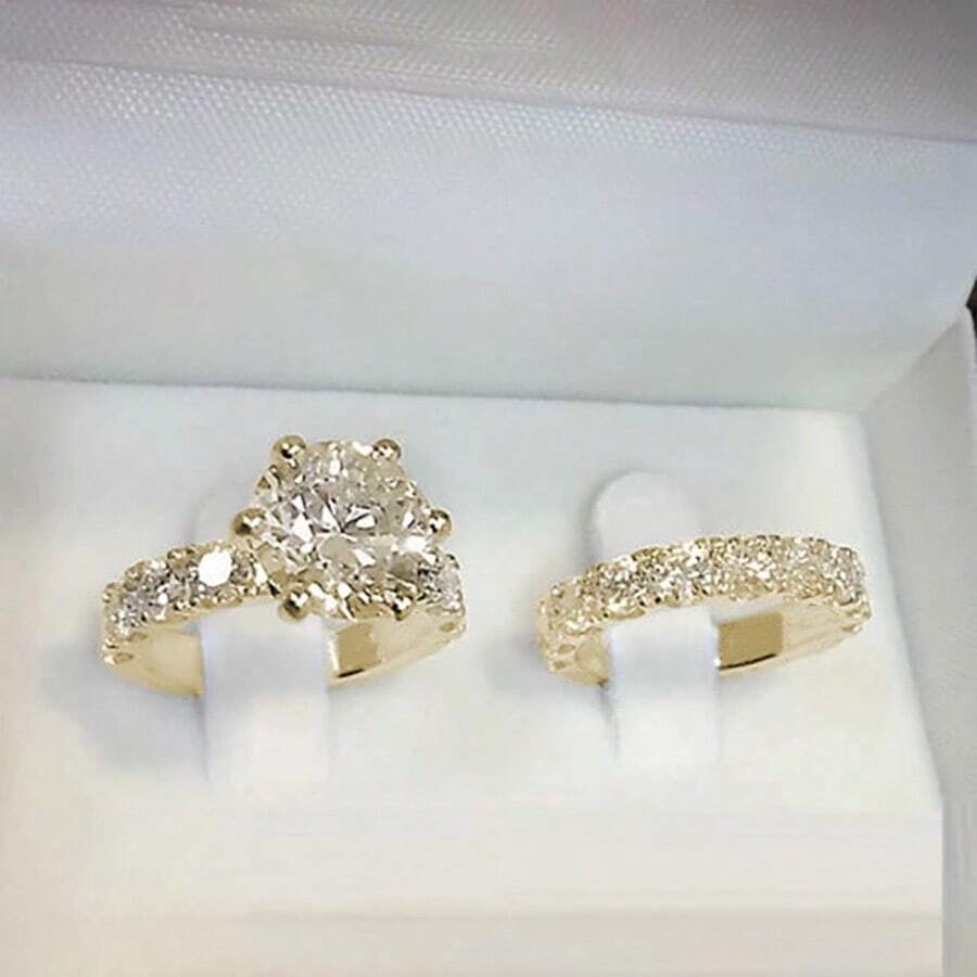 2pcs Glamorous Rose Gold Plated Women Engagement Rings With Shining Synthetic Cubic Zirconia, Ideal For Weddings, Parties And As A Perfect Valentine's Day Gift