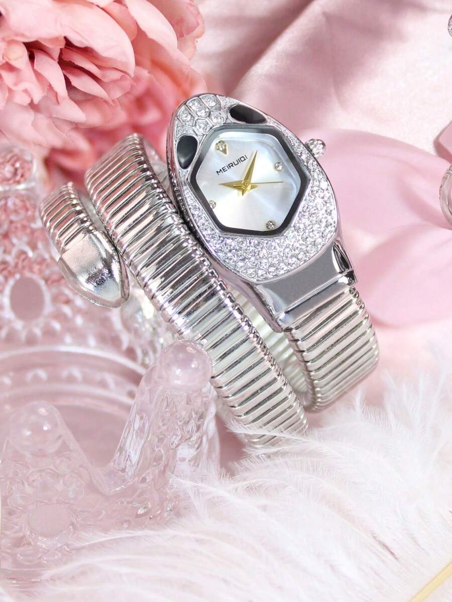 1pc Women's Gold Color Metal Band Snake Shape Quartz Wrist Watch, Suitable For Daily And Party Wear