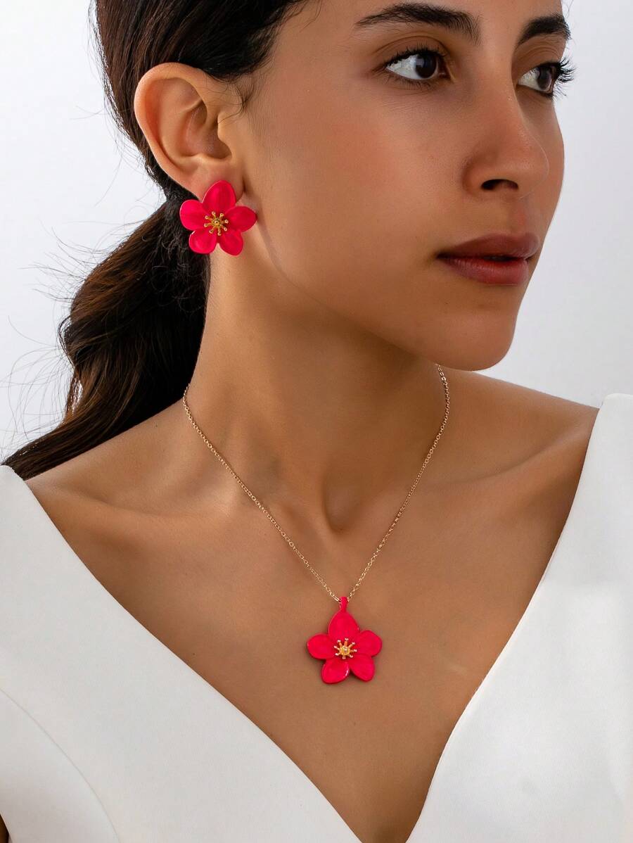 1 Set Women Floral Necklace & Earrings Jewelry Set, Elegant For Daily Wear And Vacation