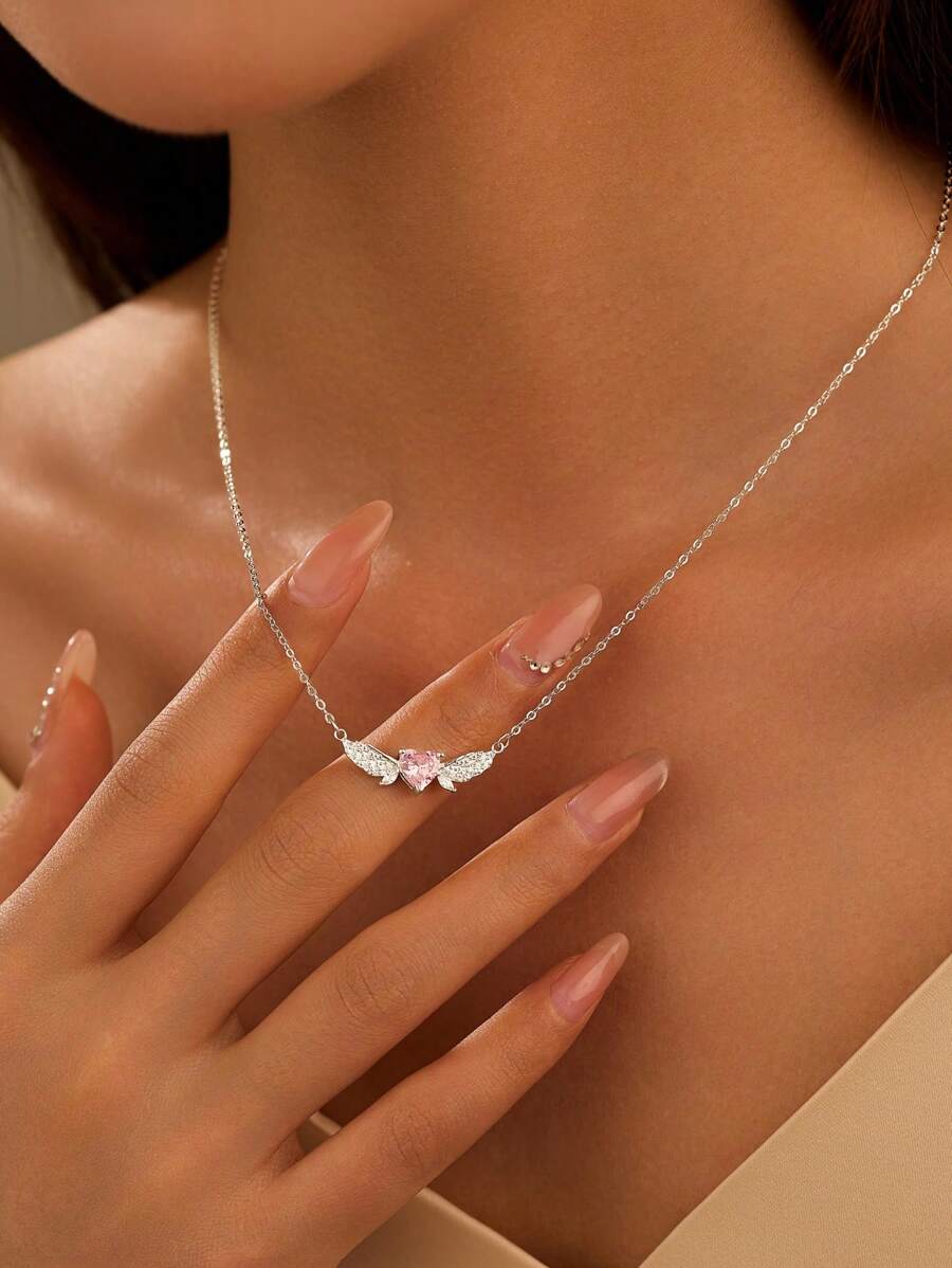 BALMORA 1 Stück luxuriöse S925 Sterling Silber Engelflügel Liebe Halskette für Frauen, süße rosa Zirkonia Schlüsselbein Kette für Mädchen, als tägliches Tragegert oder Geburtstagsgeschenk