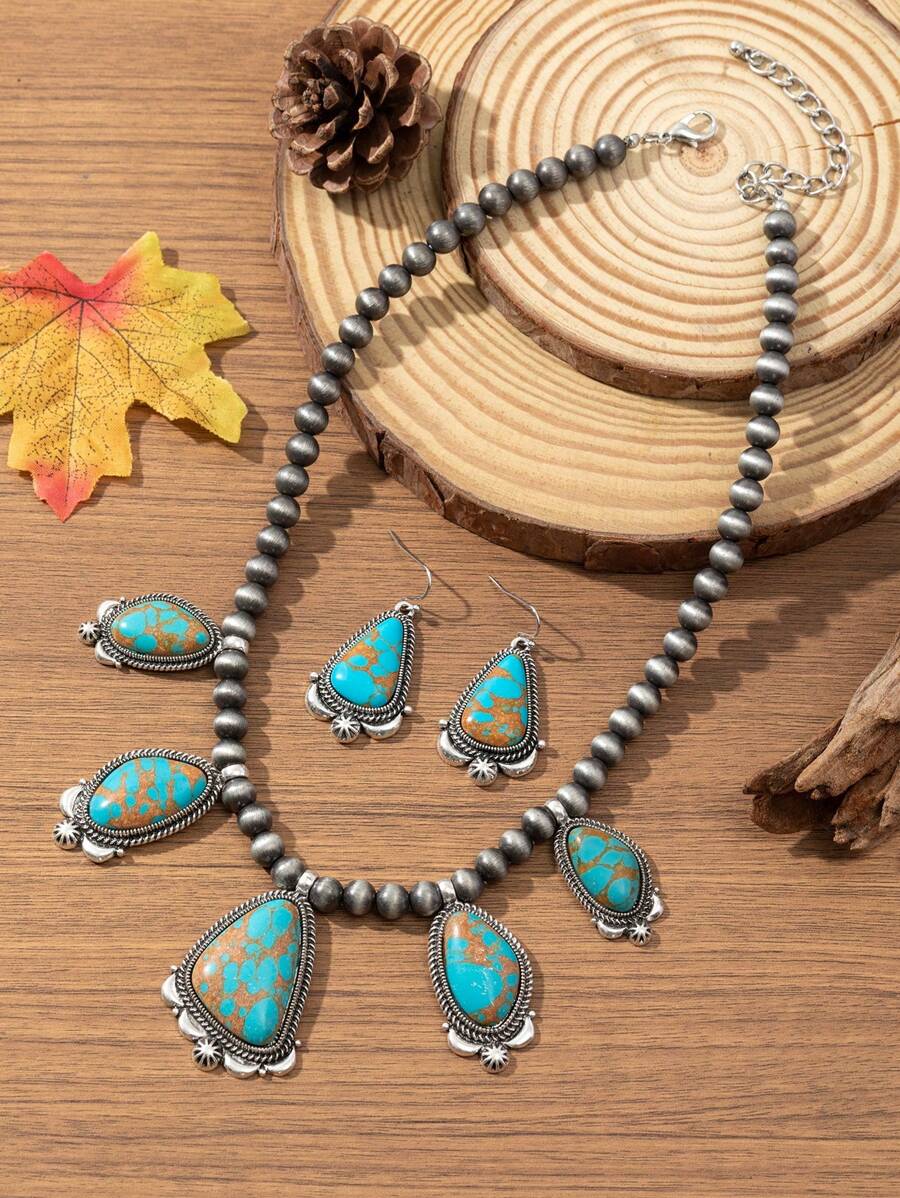 1 Set de collar y aretes de mujer, estilo bohemio retro, de aleación de zinc con cuentas, adecuado para combinar con atuendos, uso diario y vacaciones