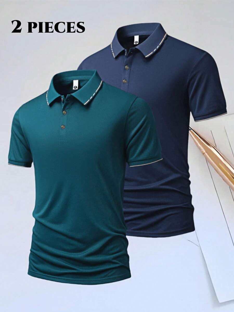Set de 2 camisas polo de verano para hombre con cuello de contraste, transpirables y cómodas, de manga corta y ajuste regular para uso casual y de negocios