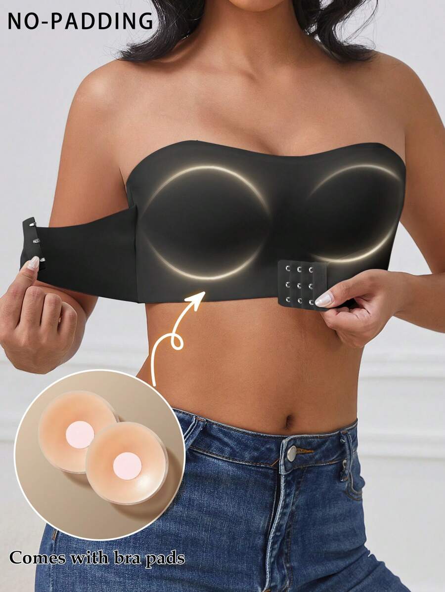1 pieza Camiseta sin tirantes de unicolor con cierre delantero, copa suave y cubiertas para pezones desmontables para mujer, se debe usar con las cubiertas para pezones
