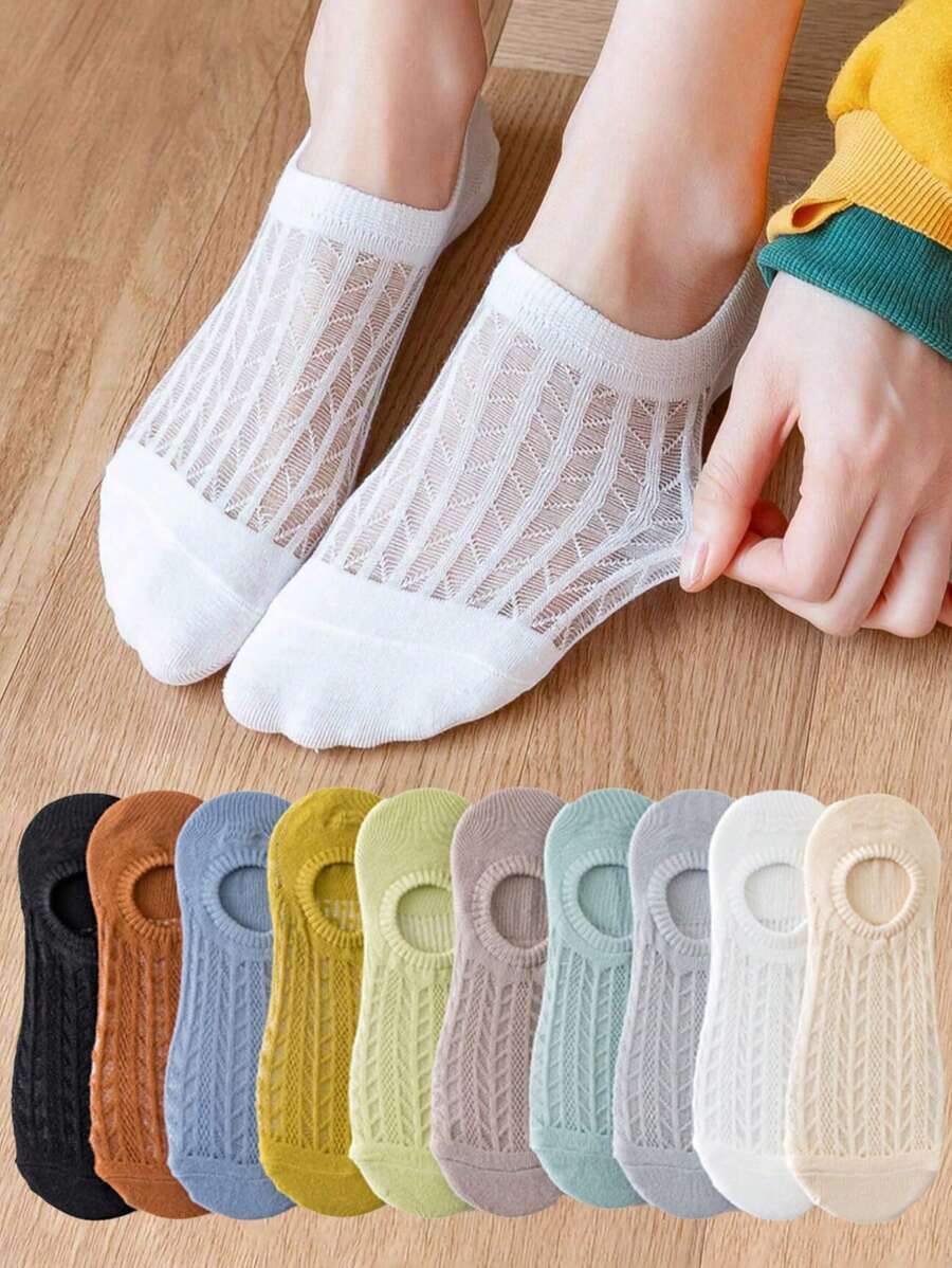1/5/10 pares de calcetines invisibles de verano de unicolor y transpirables para mujer, con silicona blanca antideslizante para mocasines