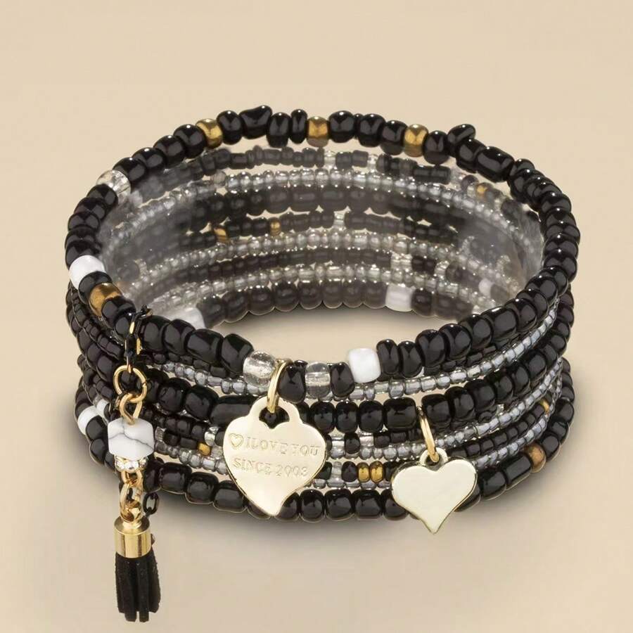 1 Set de brazaletes superpuestos con cuentas, colgante de corazón y letra, para regalo diario o de festival, para mujer